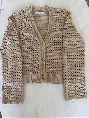 LOFT Open-Knit Button Cardigan in Taupe Beige